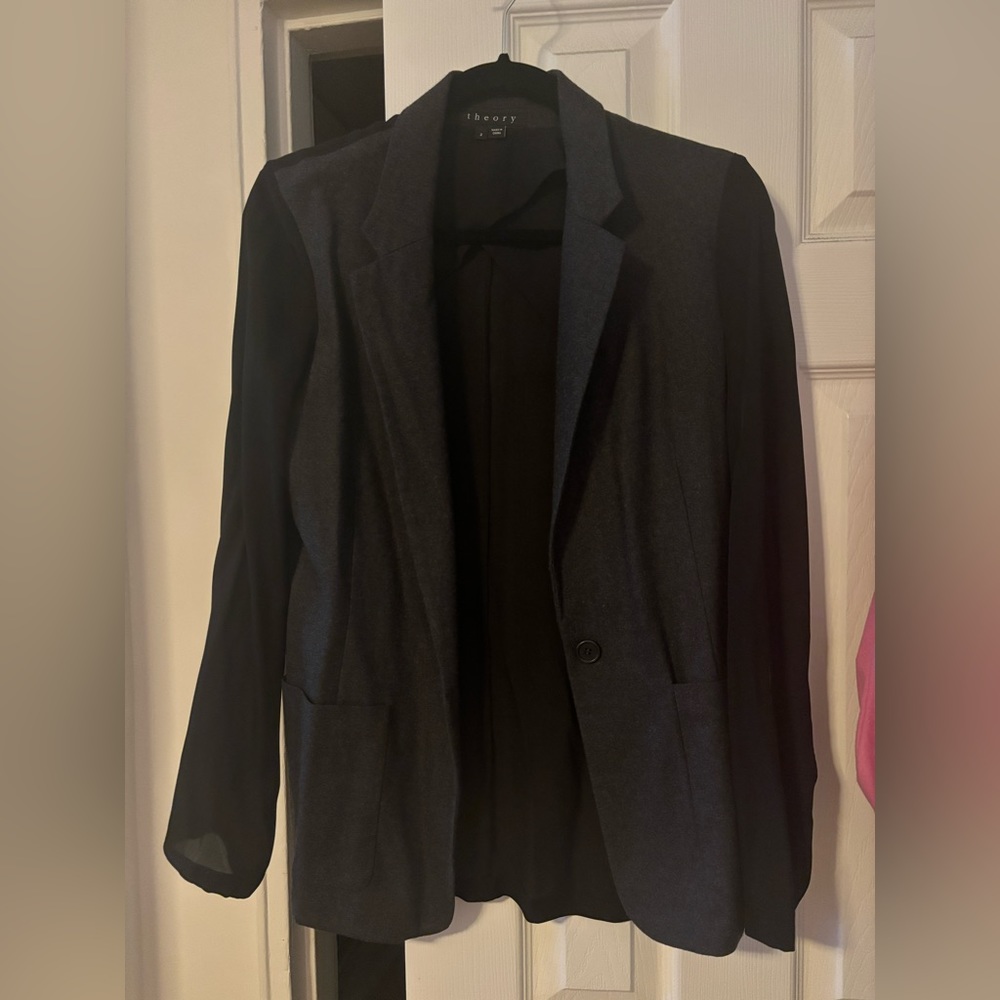 Theory gray and black blazer size 2 sheer sleeves and back and cotton front
